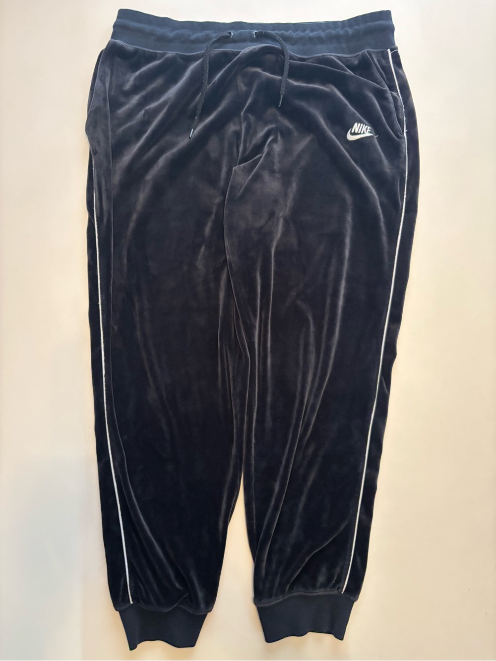 Nike Black Velour Joggers with White Side Piping Y2K style